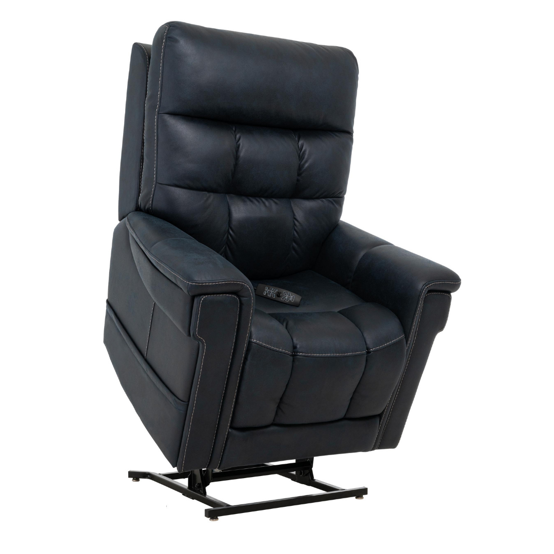 The Pride Mobility VivaLift! Radiance Recliner with Lift Assist & Heat features black leather, padded cushions, visible stitching, a remote on the seat, and is shown partially elevated to highlight its infinite positioning and smooth lifting mechanism.